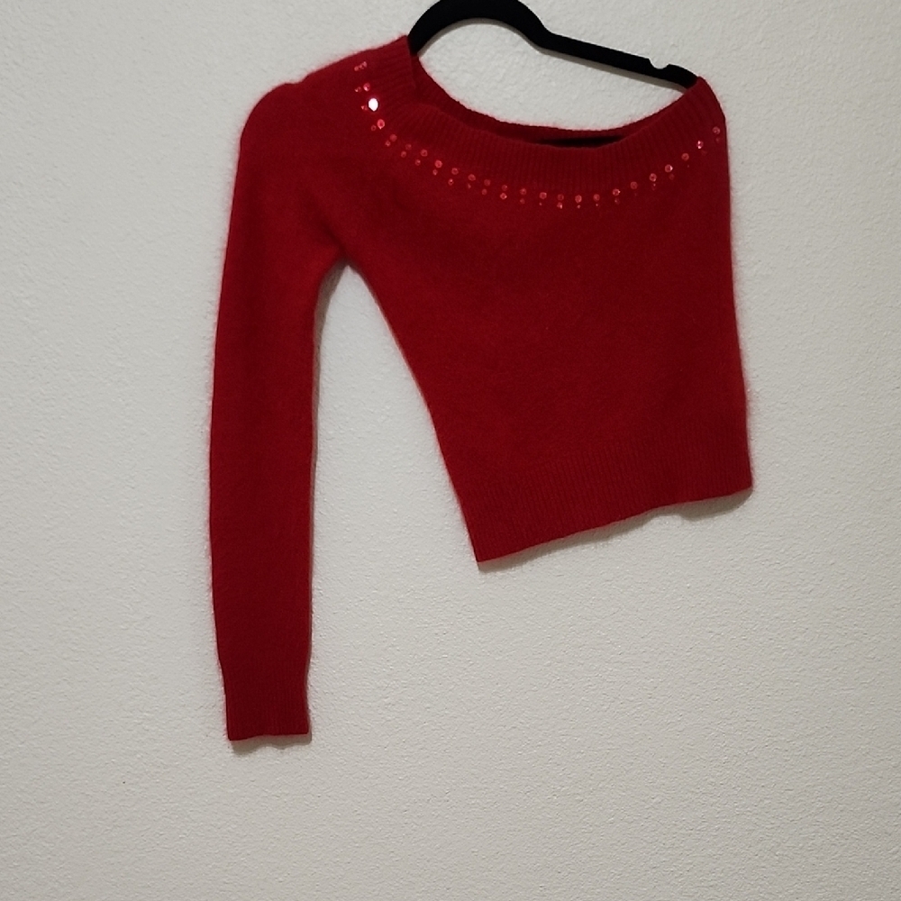 Wet Seal Red Off-the-Shoulder Sweater with Long Sleeves and Cropped Fit